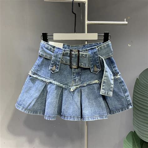 Denim Pleated Skirt Korean Fashion Women High Waist A Line Sexy Jean Mini Skirt Retro Hot