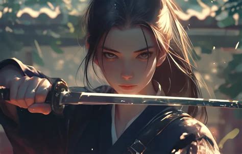 Обои girl sword fantasy katana face brunette samurai digital art на телефон и рабочий