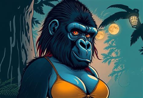 A Gorilla In A Bikini Stands In Front Of A Palm Tree Premium AI Generated Image