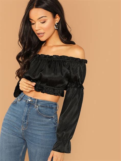 Ruffle Off The Shoulder Long Sleeve Crop Top Long Sleeve Crop Top