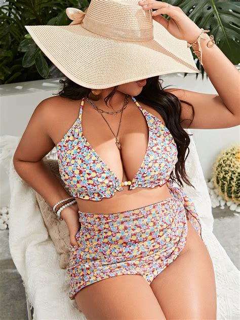 Plus Bikini Ras Du Cou Fleuri Avec Jupe De Plage Mode En Ligne