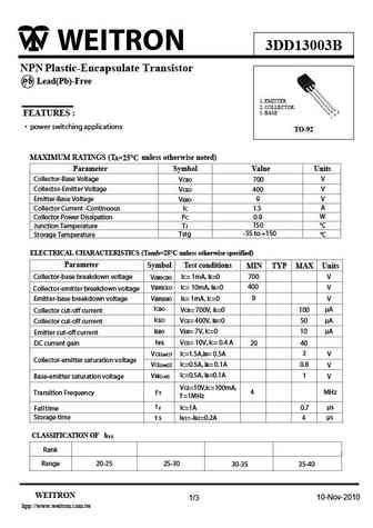 13003 Datasheet and Replacement, Transistor Equivalent Finder, Cross ...