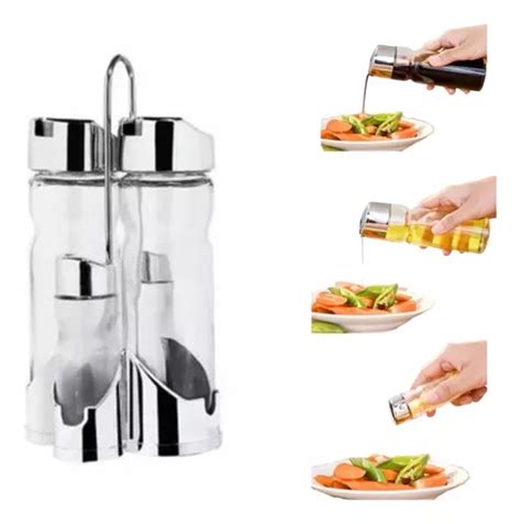 Kit Galheteiro Porta Azeite Vinagre Suporte Cor Inox