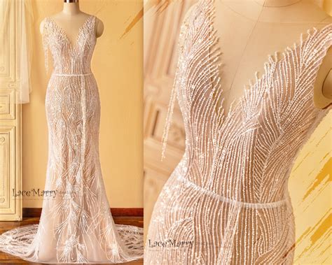 MARGO Beaded Sheath Wedding Dress In Nude Color V Neckline Wedding Dress With Train