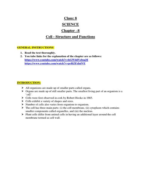 Class: 8 Science Chapter - 8 Cell - Structure and Functions | PDF ...