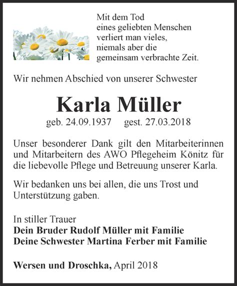 Traueranzeigen Von Karla M Ller Trauer In Thueringen De