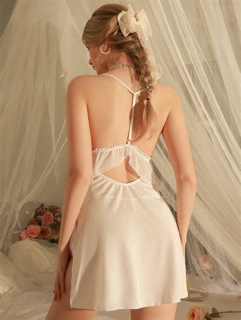 SHEIN DelicateAllure Women S Lace Mesh Butterfly Decorated Sexy Lingerie Dress With Splice