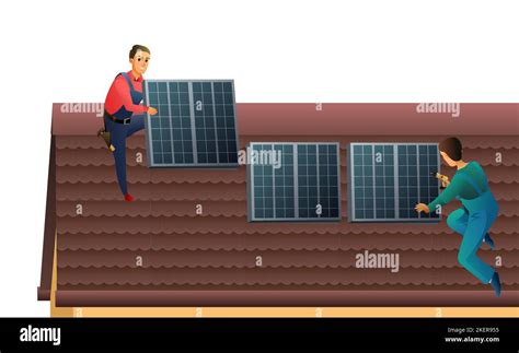 Two Workers Install Solar Panels On Roof Alternative Energy Renewable