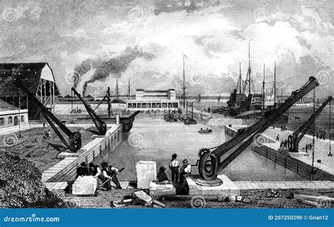 antique illustration  historic dockyard scene  south east england