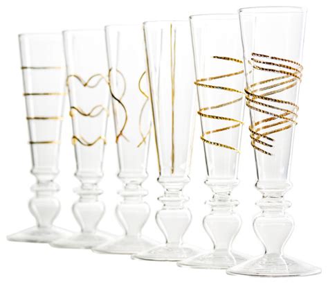 Footed Razzle Dazzle Champagne Flutes With Gold Accents Set Of 6 Traditional Wine Glasses