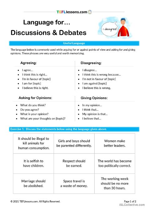 Discussion Language General Speakin English Esl Worksheets Pdf Doc