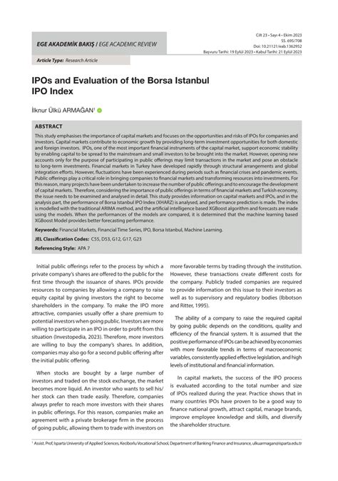 PDF IPOs AND EVALUATION OF THE BORSA ISTANBUL IPO INDEXHalka Arzlar