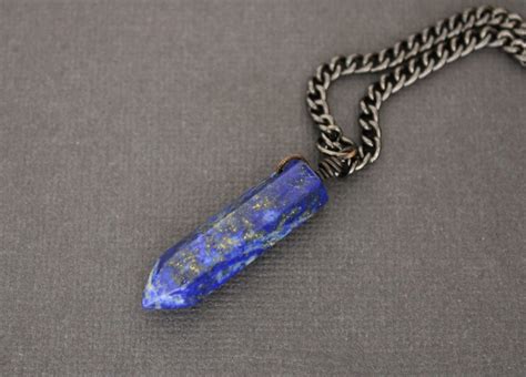 Mans Lapis Gemstone Necklace Wire Wrapped Lapis Lazuli On Gunmetal