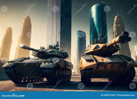 Modern Futuristic Battle Tank With Turret And Cannon In City Center