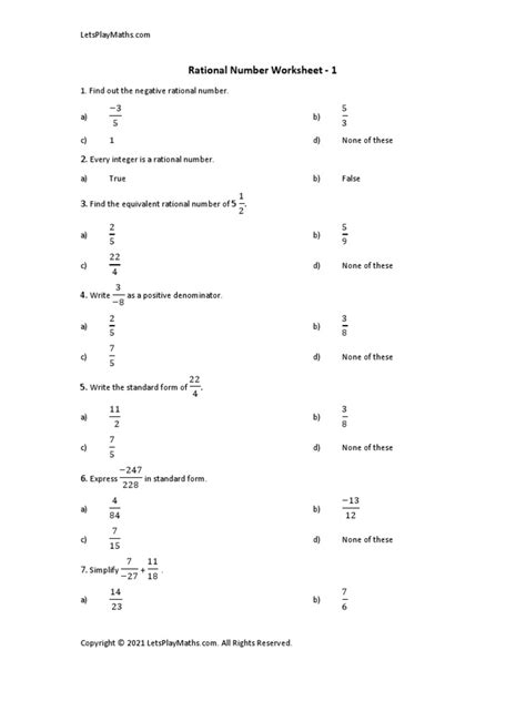 Rational Numbers Worksheet-1 | PDF | Rational Number | Multiplication