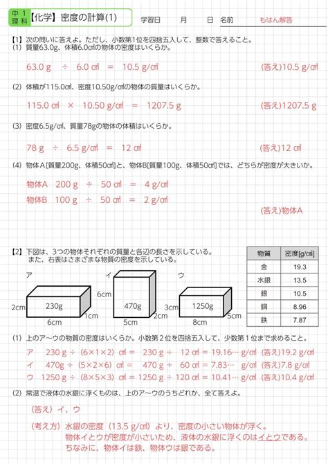 中1理科【応用問題プリント配布】密度の求め方を現役教員が徹底解説！ 化学｜理科バリーclub