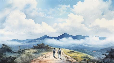 Digital watercolor painting of a group of hikers walking on a mountain
