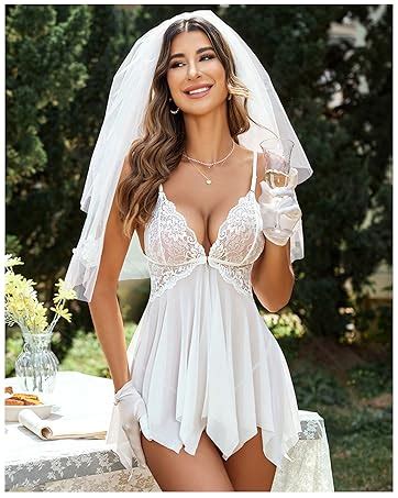 Avidlove Women Lingerie Front Closure Babydoll Lace Chemise V Neck Nightgown Mesh Sleepwear