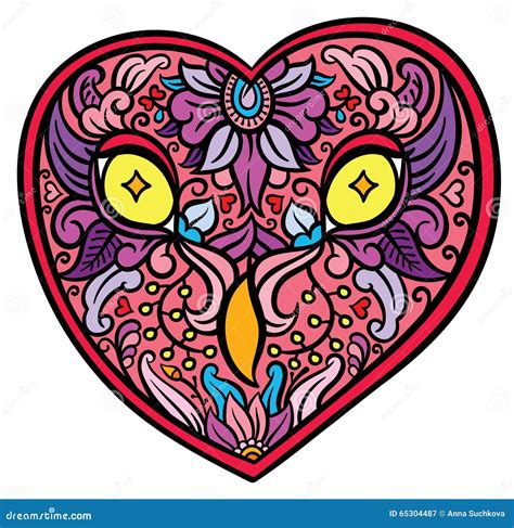 Richly Decorated Owl Heart Shaped Head Stock Vector Image 65304487