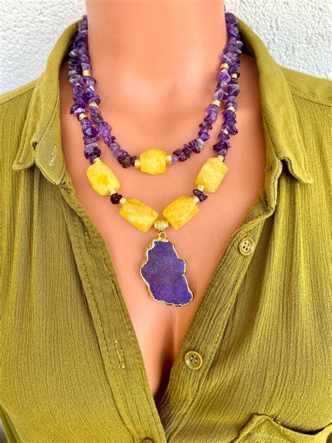 Amethyst And Citrine Statement Necklace With Variscite Pendant Unique