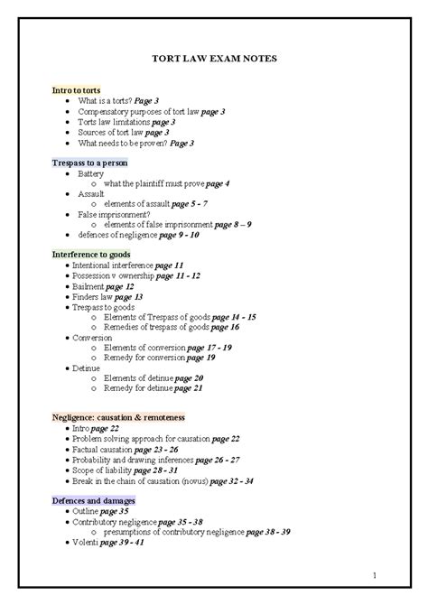 Tort Law Exam Notes Tort Law Exam Notes Intro To Torts What Is A