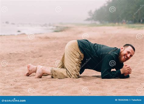Happy Bearded Man Crawling On All Fours The Beach Stock Photo Image