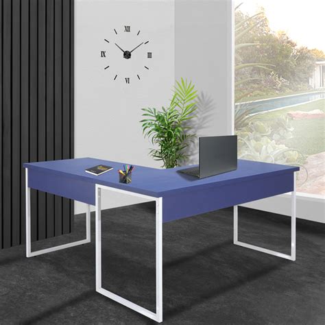 Mesa De Escritório Office Industrial De Canto 150 X 150 Cm Azul Pés