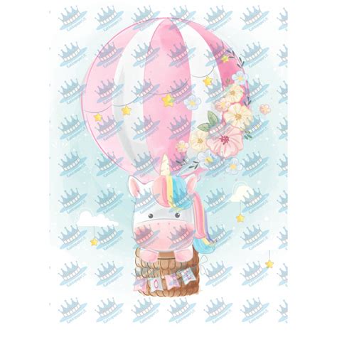 A Pink Unicorn In A Hot Air Balloon Edible Cake Topper