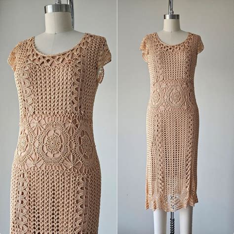 S Crocheted Dress Vintage Nude Beige Knit Dress Size S Etsy