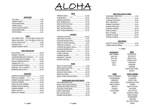 Menu At Aloha Restaurant Decatur