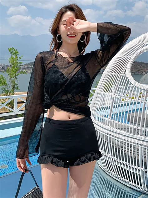 Swimsuit Women S Bikini Piece Set Long Sleeves New Fairy Fan Youth Trend Beach Style Jpeg