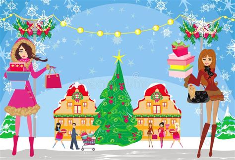 Christmas Shopping Group Of People Shopping In The City Card Stock