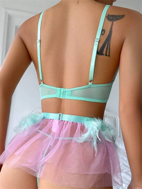 Floral Lace Feather Decor Underwire Garter Lingerie Set With Pair Leg Ring For Sale Australia