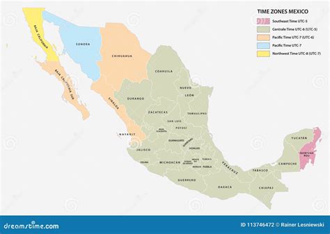 Vector Map Of The Five Time Zones Of The North American State Of Mexico