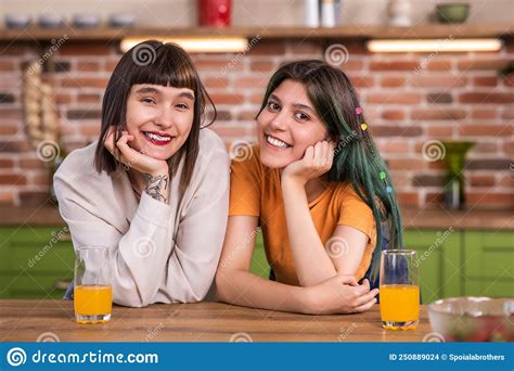 Good Looking Lesbian Couple Very Romantic Posing In Front Of The Camera They Looking Straight To