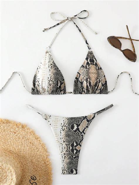 Swim Vcay 2pcs Women Snakeskin Print Halter Tie Sexy Bikini Set Beach Vacation 2025 Summer