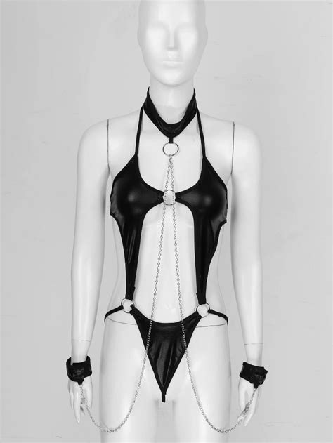 Sexy Womens Patent Leather Erotic Lingerie Bodysuit Punk Gothic Halter Neck O Ring Lingerie With
