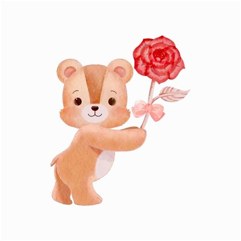 Aquarela Cor Marrom Urso De Peluche Segurando Uma Rosa Vector Vetor