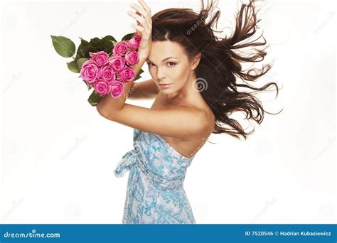 Brunette With Pink Roses Stock Photo Image Of Long Floral 7520546