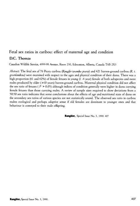PDF Fetal Sex Ratios In Caribou Effect Of Maternal Age And Condition