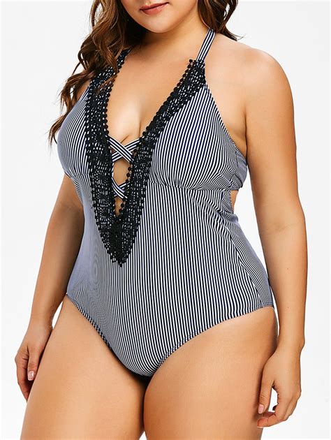 41 Off 2021 Plus Size Striped Plunging Neckline Swimwear In Multicolor A Dresslily