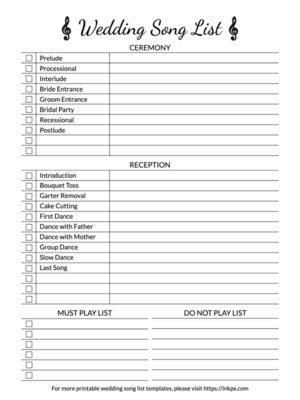 Printable Wedding Song List Templates In PDF PNG And Formats InkPx