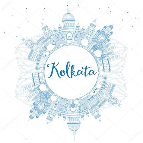 Outline Kolkata Skyline With Blue Landmarks And Copy Space Stock