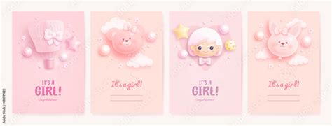 Set Of Baby Shower Invitation With Cartoon Baby Girl Hot Air Balloon And Helium Balloons On