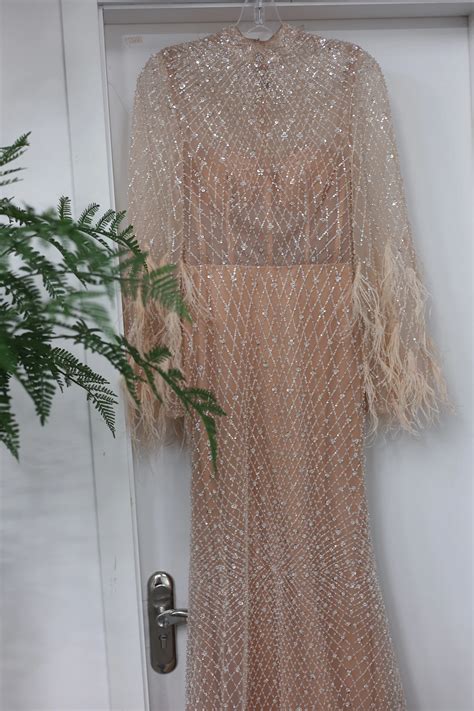 Luxury Dubai Feathers Nude Evening Dresses Long Sleeves SS227 DreamyVow