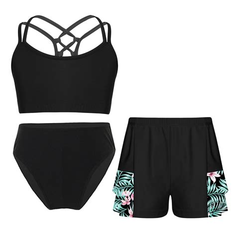 Yuumin Girls Pcs Tankini Sets Crisscross Swim Crop Top Bikini Brief With Ruffles Shorts