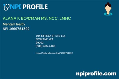 ALANA K BOWMAN MS NCC LMHC NPI 1669751392 Counselor In Spokane WA