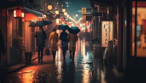 People Walking on a Rainy Street in Tokyo, Japan. Stock Illustration ...