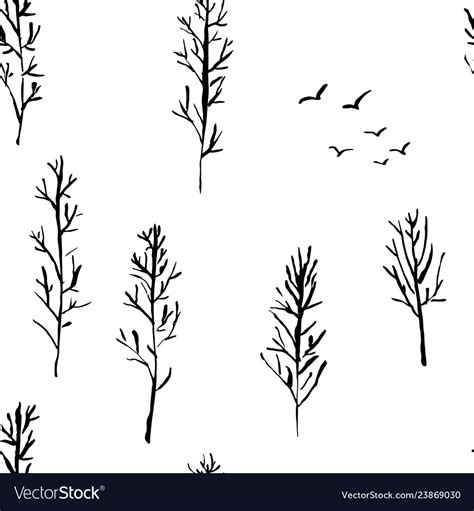 Seamless Pattern With Naked Trees Hand Drawn Vector Image