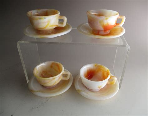 Akro Agate Miss America the Little American Maid Tea Set Four Cups and